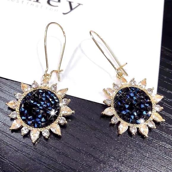 Blue Crushed Gem Sunflower Ear Wire Earrings - Picture 3 of 8